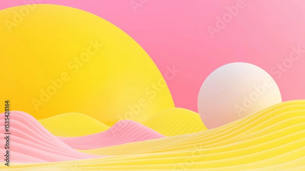 Fototapeta 3D surreal landscape with vibrant yellow sun and white ball over smooth pink and yellow waves, minimalist clean design with soft lighting, playful abstract futuristic environment