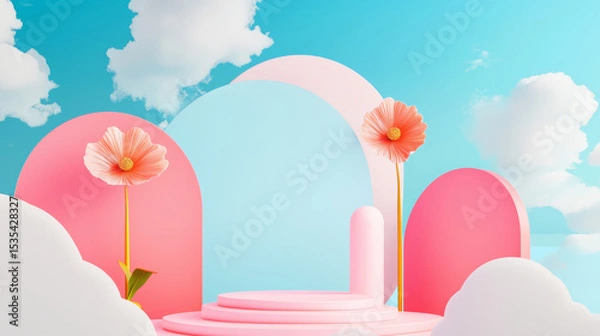 Fototapeta 3D surreal landscape with pastel pink flowers, geometric shapes, and soft clouds, vibrant abstract design with smooth circles, clean minimalist style, dreamy playful atmosphere