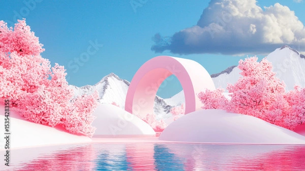 Fototapeta 3D surreal landscape with vibrant pink mountains, soft pink arch, and reflective water, dreamy serene scene with soft clouds, minimalist futuristic design, peaceful abstract landscape