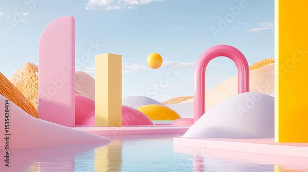 Fototapeta Surreal Digital Landscape with Colorful Pastel Hills, Floating Shapes, and Reflections in Water - Dreamy, Vibrant, Modern, and Playful Aesthetic