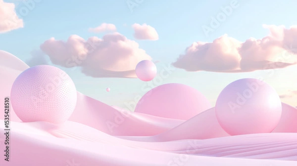 Fototapeta 3D surreal landscape with smooth pink waves and floating white spheres, dreamy soft clouds, minimalist serene atmosphere, abstract peaceful scene with smooth textures and vibrant soft colors