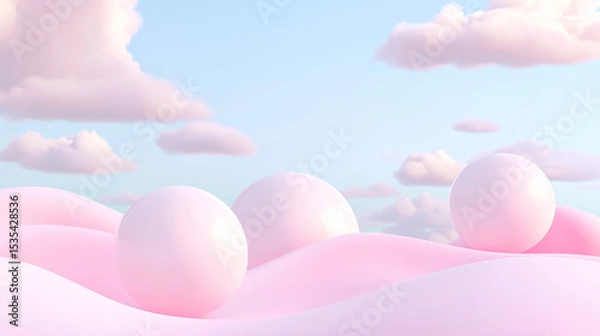 Fototapeta 3D surreal landscape with smooth pink waves and floating white spheres, dreamy soft clouds, minimalist serene atmosphere, abstract peaceful scene with smooth textures and vibrant soft colors