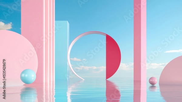 Fototapeta 3D minimalist abstract geometric shapes with pink and blue columns and spheres, vibrant smooth design, futuristic clean lines and creative concept, surreal outdoor landscape with soft lighting