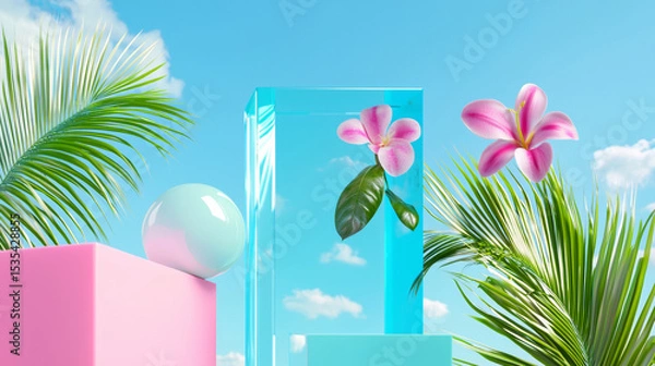 Fototapeta Surreal Digital Art with Flowers in Transparent Blocks, Floating Shapes, and Tropical Elements - Bright, Playful, and Elegant Aesthetic