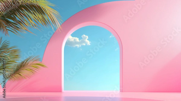 Fototapeta 3D modern tropical arch with pink walls and palm trees, serene open space, vibrant sky and clouds, surreal beach paradise with clean minimalistic design, bright fresh summer atmosphere