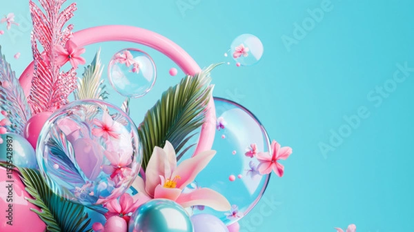 Fototapeta Playful Digital Art with Colorful Bubbles, Flowers, and Floating Balloons - Vibrant, Surreal, Dreamy Aesthetic with Bright Abstract Elements