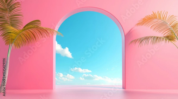 Fototapeta 3D modern tropical arch with pink walls and palm trees, serene open space, vibrant sky and clouds, surreal beach paradise with clean minimalistic design, bright fresh summer atmosphere