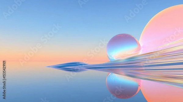 Fototapeta Surreal Digital Art with Glowing Transparent Sphere on Smooth Water Surface - Calm, Dreamy, Vibrant Aesthetic with Pastel Gradient Sky