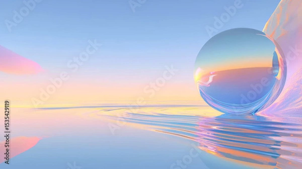 Fototapeta Surreal Digital Art with Glowing Transparent Sphere on Smooth Water Surface - Calm, Dreamy, Vibrant Aesthetic with Pastel Gradient Sky
