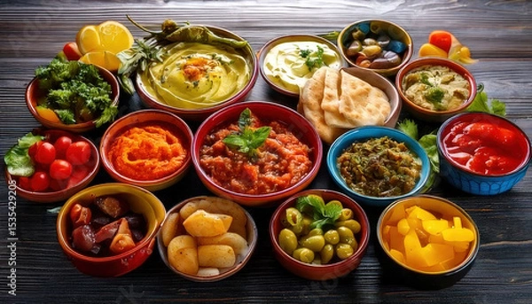 Fototapeta Vibrant Middle Eastern mezze platter featuring colorful bowls filled with various dips, vegetables, and herbs, styled for visual appeal