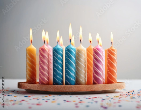 Fototapeta Colorful birthday candles arranged on wooden plate, glowing warmly against soft background, creating festive and joyful atmosphere