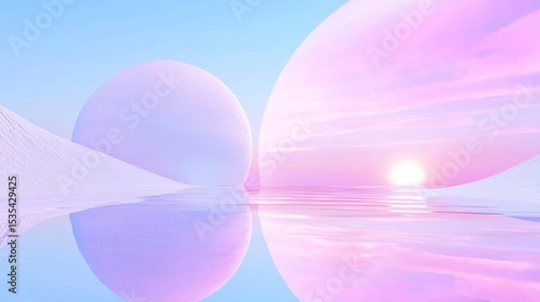 Fototapeta Cosmic Surreal Digital Landscape with Floating Pink Bubbles and Soft Reflection on Water - Dreamy, Peaceful, Glowing Fantasy Aesthetic