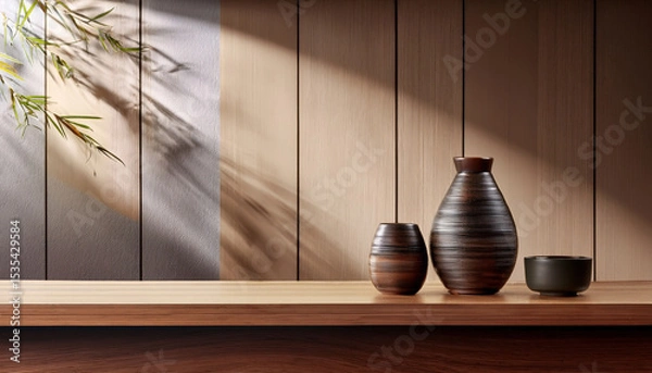 Fototapeta Elegant ceramic vases in minimalist design, showcasing wood textures and soft shadows, create serene atmosphere in modern setting