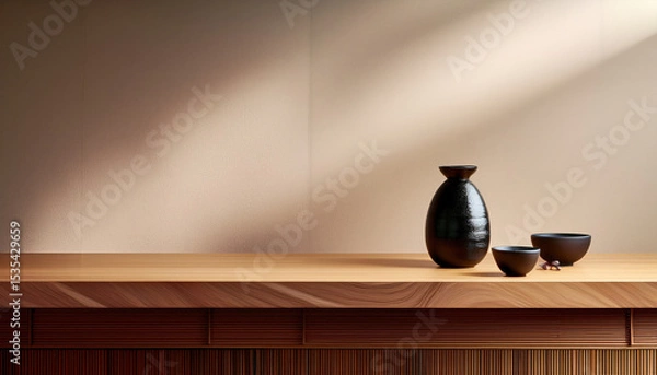 Fototapeta Minimalist Japanese style bar featuring wood textures, elegant sake presentation, and simple black ceramic vessels. serene atmosphere is created