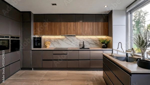 Fototapeta Minimalist luxury kitchen featuring high end appliances, smooth finishes, and elegant design elements that create culinary haven