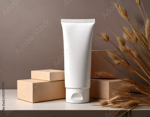 Fototapeta Minimalist skincare tube mockup with pastel tones, surrounded by natural elements, evokes sense of luxury and simplicity