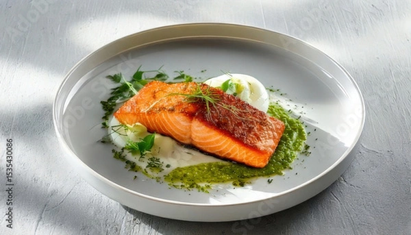 Fototapeta Beautifully plated salmon dish featuring perfectly cooked fillet, herb foam, and garnished with fresh greens, creating minimalist and elegant