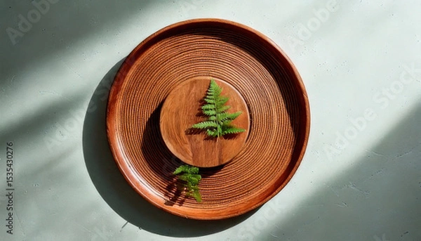 Fototapeta Natural wooden plate with layered textures, featuring small round dish and ferns, beautifully styled with shadows and light play