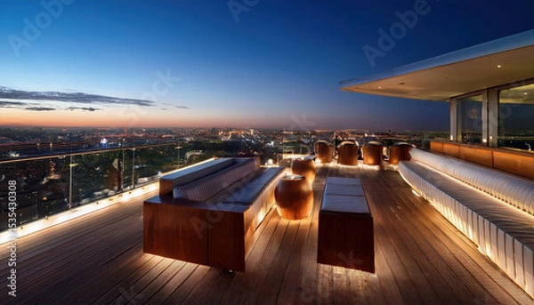 Fototapeta Modern rooftop bar featuring sleek wooden seating, ambient lighting, and stunning city view at dusk, creating vibrant atmosphere