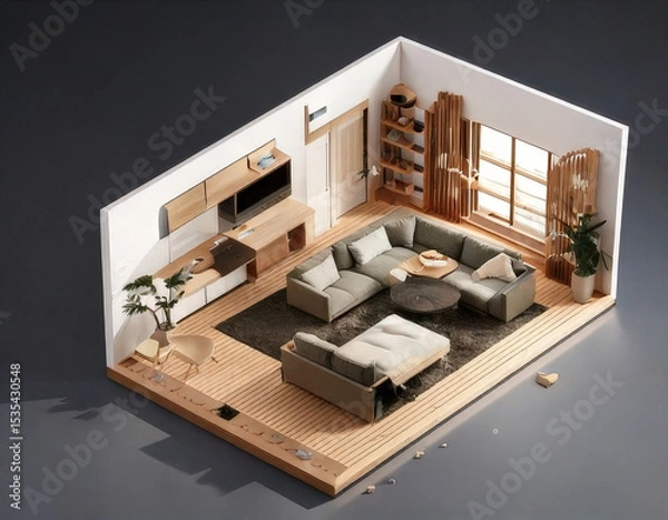 Fototapeta Modern living room design featuring modular furniture in exploded view, showcasing compact living concept with stylish decor and natural light