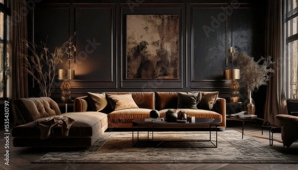 Fototapeta Luxurious living room featuring dark tones, plush textures, and sophisticated decor, creating moody and elegant atmosphere