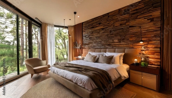 Fototapeta Luxurious bedroom featuring wood paneling and stone textures, creating organic modern style with natural light and serene views