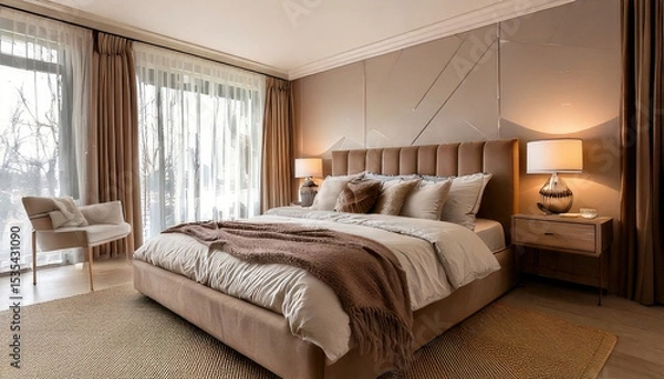 Fototapeta Luxurious neutral toned bedroom featuring layered bedding, soft textures, and serene ambiance, perfect for relaxation and comfort
