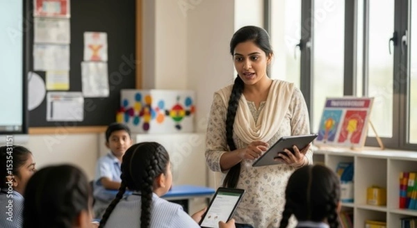 Fototapeta Teacher teaching students using tablet in classroom education learning school