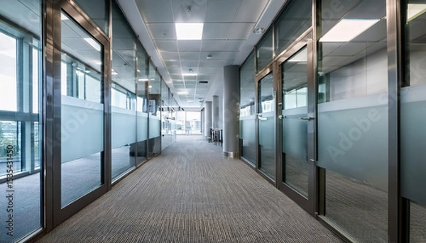 Fototapeta Modern office corridor featuring frosted glass partitions and professional signage, creating sleek and inviting atmosphere