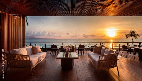 Fototapeta Luxurious tropical bar with designer furniture, offering stunning sunset ocean view, creating elite leisure vibe