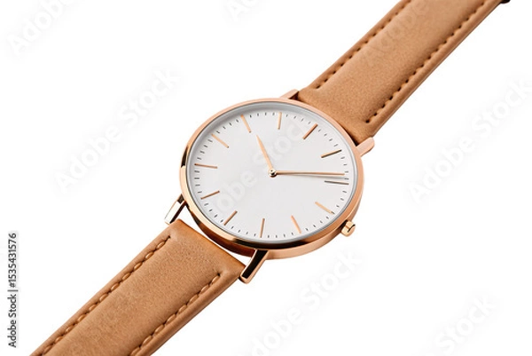 Fototapeta Rose gold watch with tan leather strap at diagonal angle, isolated on a transparent background