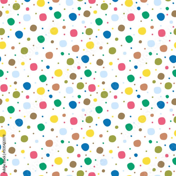 Fototapeta Polka dot seamless pattern, random colorful dots print. Repeating texture with playful spots in modern style on white background for abstract wrapping, wallpaper, textile, fabric design. Vector