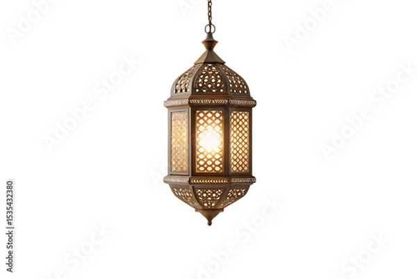 Fototapeta Ornate Moroccan-style brass lantern with intricate geometric patterns and warm glowing light suspended, isolated on a transparent background