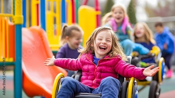 Fototapeta Smiling girl in wheelchair enjoys playground fun with other happy children on a bright colorful day outdoors.