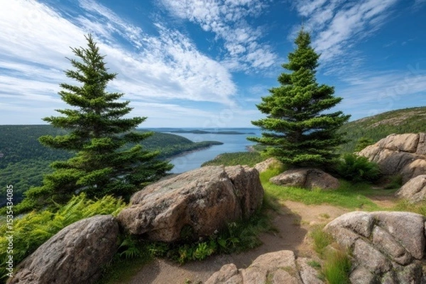 Fototapeta Two evergreen trees frame a scenic overlook with islands and a blue sky with clouds Rocks and greenery dot the foreground