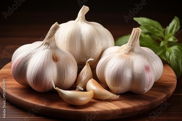 Fototapeta Garlic is placed on a circular wooden tray.