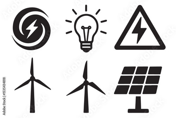 Obraz Set of bold energy symbols, including wind turbine, solar panel, lightning, and flame, illustrating modern power sources and energy generation, icon set