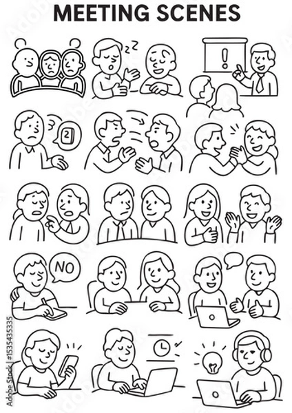 Obraz 15 Meeting Doodle Icons – Black and White Hand-Drawn Business Scenes with Expressive Characters