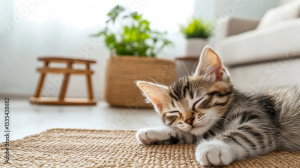 Obraz Kitten sleeping peacefully on textured mat with houseplants in cozy room
