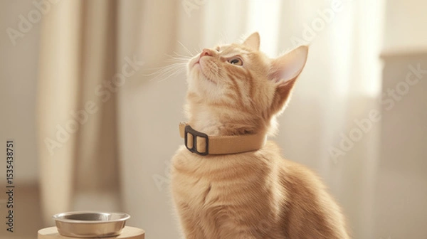 Obraz Hungry kitten with empty bowl looking up, suitable for pet-themed background