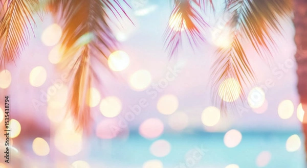 Obraz Palm tree leaves with bokeh lights, perfect for tropical holiday background