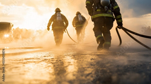 Obraz Firefighters running with hoses on wet road during golden hour, emergency scene