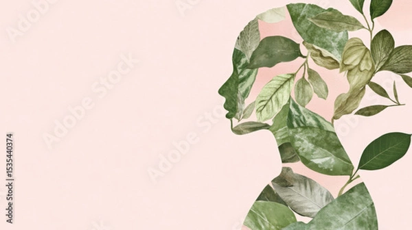 Obraz Double exposure of Indigenous female with leaf overlay, conceptual nature theme