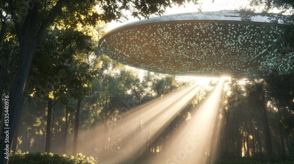Obraz Alien spaceship hovering above misty forest landscape at dawn, conceptual background