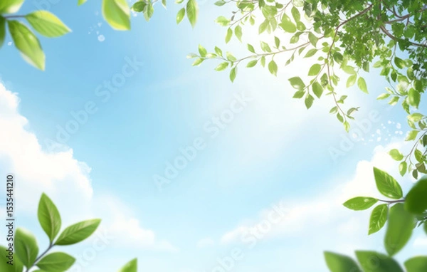 Obraz Blue sky and white clouds with green leaves in foreground, suitable for background