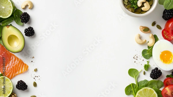 Obraz Keto diet ingredients with salmon, avocado, lime, and herbs on white background