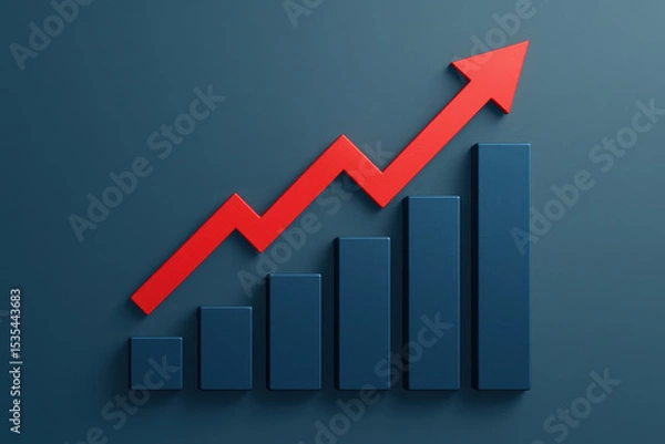 Obraz A rising trend is illustrated by the steady growth dark blue bars paired with a bold red arrow symbolizing progress and success