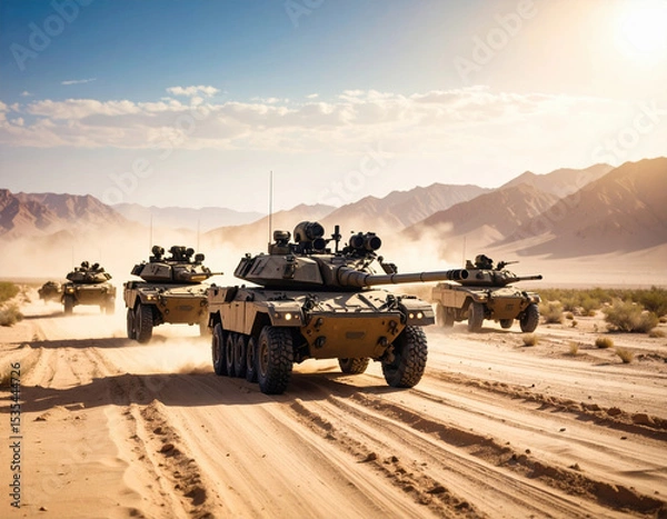 Fototapeta Military vehicles traverse sandy desert landscape, showcasing armored tanks in formation under bright sky. scene captures essence of strength and precision in military operation