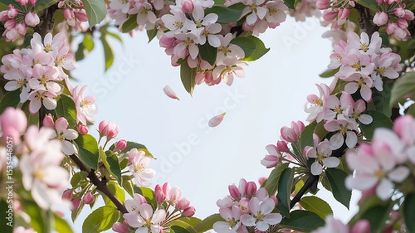 Fototapeta Heart shaped frame of pink apple blossoms