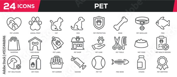 Fototapeta Set of collection line icons related pet, animal, dog, cat. Editable stroke. Perfect pixel on transparent background